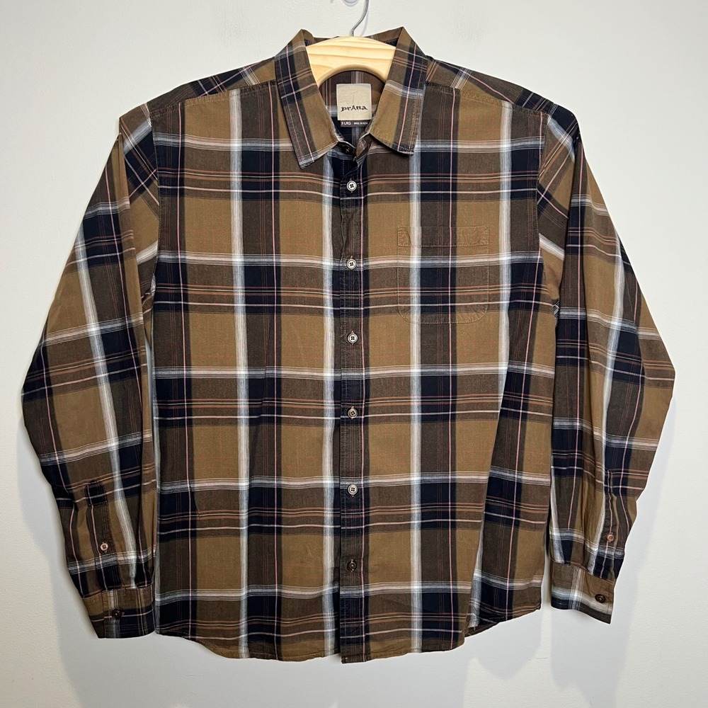 Prana Button Down Shirt Mens XL Brown Plaid Long Sleeve Pocket Casual Outdoor